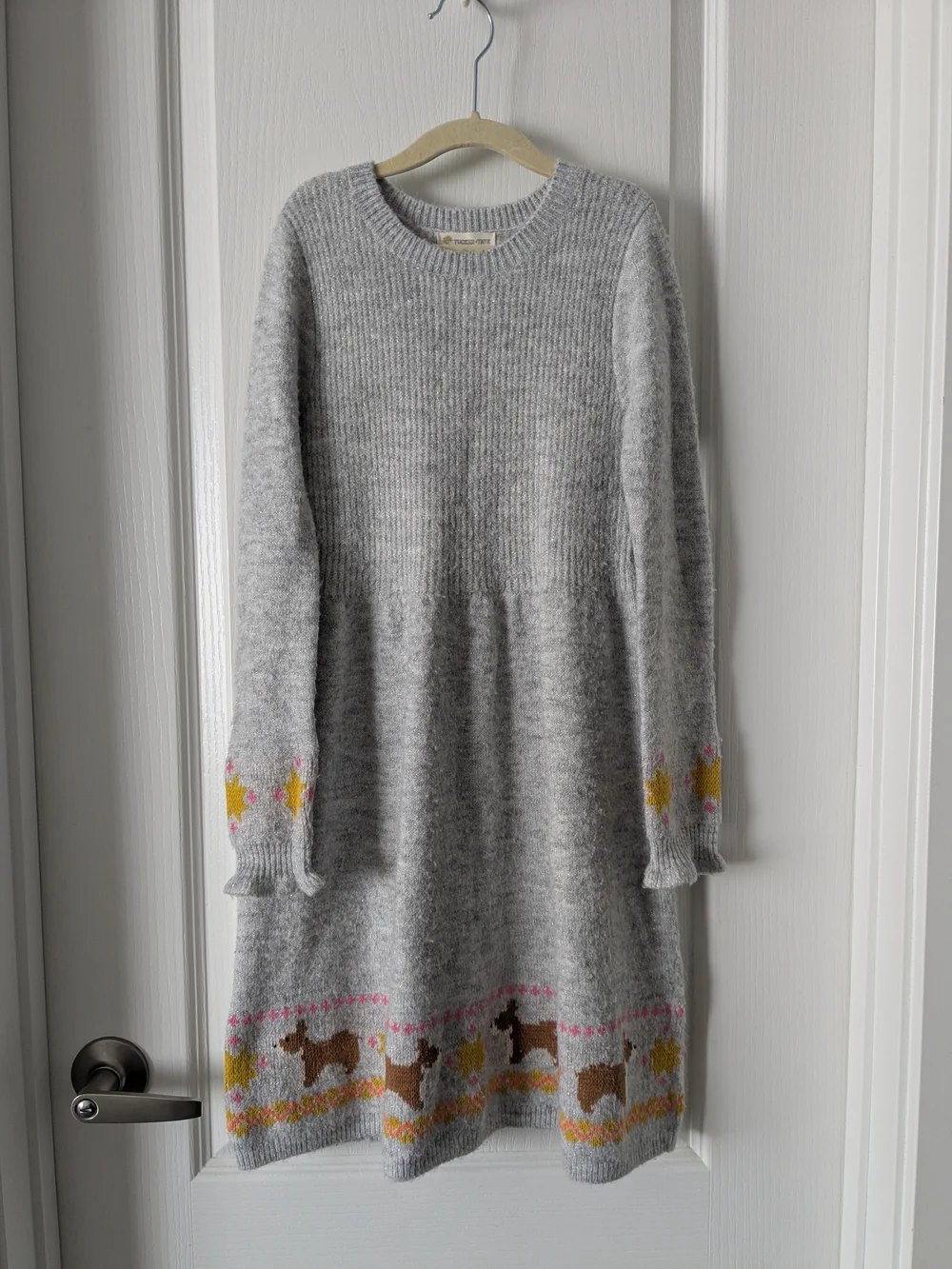 Girls Tucker + Tate Grey Sweater Dress with Corgi Intarsia Detail